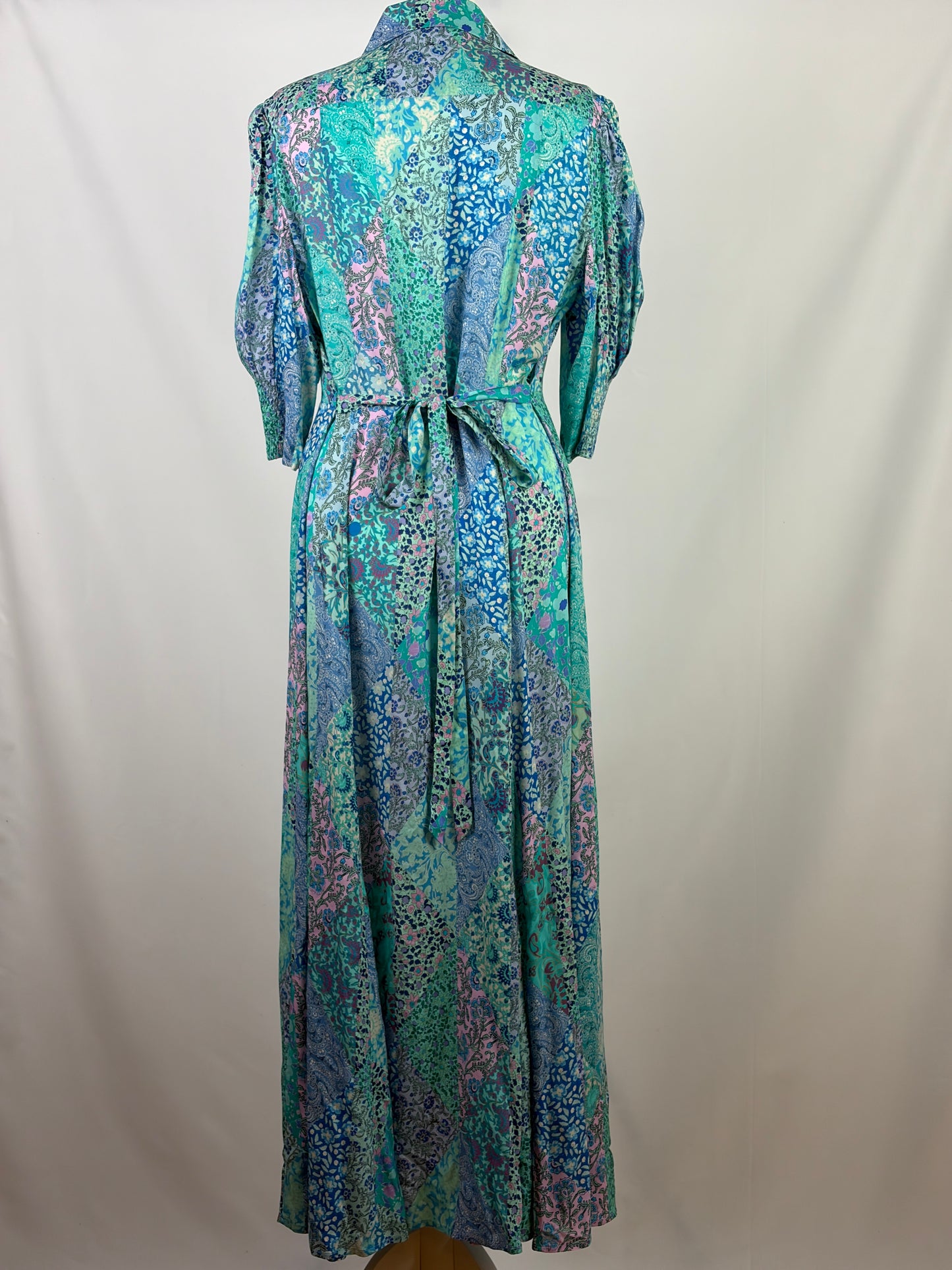 RIXO Blue and White Patchwork Floral Silk Shirt Dress - 16 UK