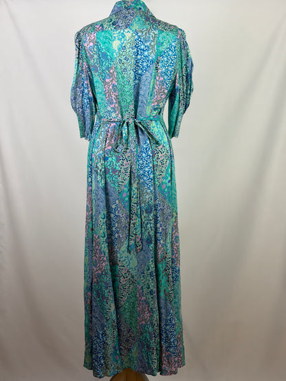 RIXO Blue and White Patchwork Floral Silk Shirt Dress - 16 UK