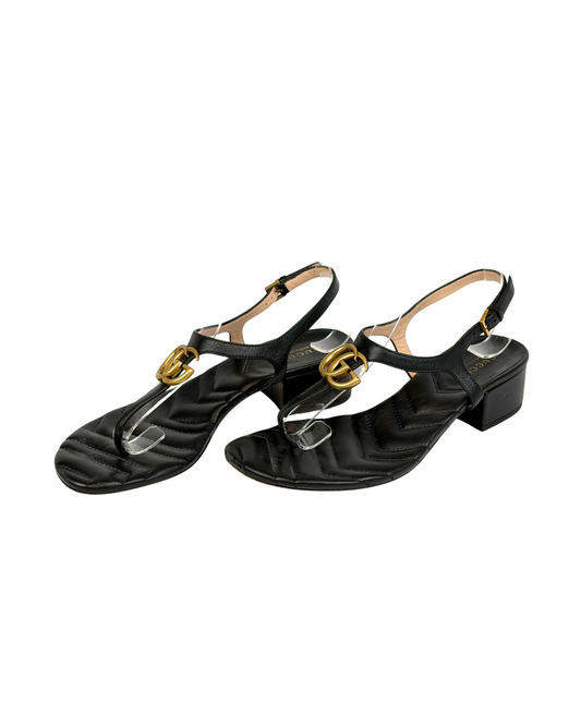Gucci Marmont Black Leather Double G Buckle Flat Sandals - 5 UK