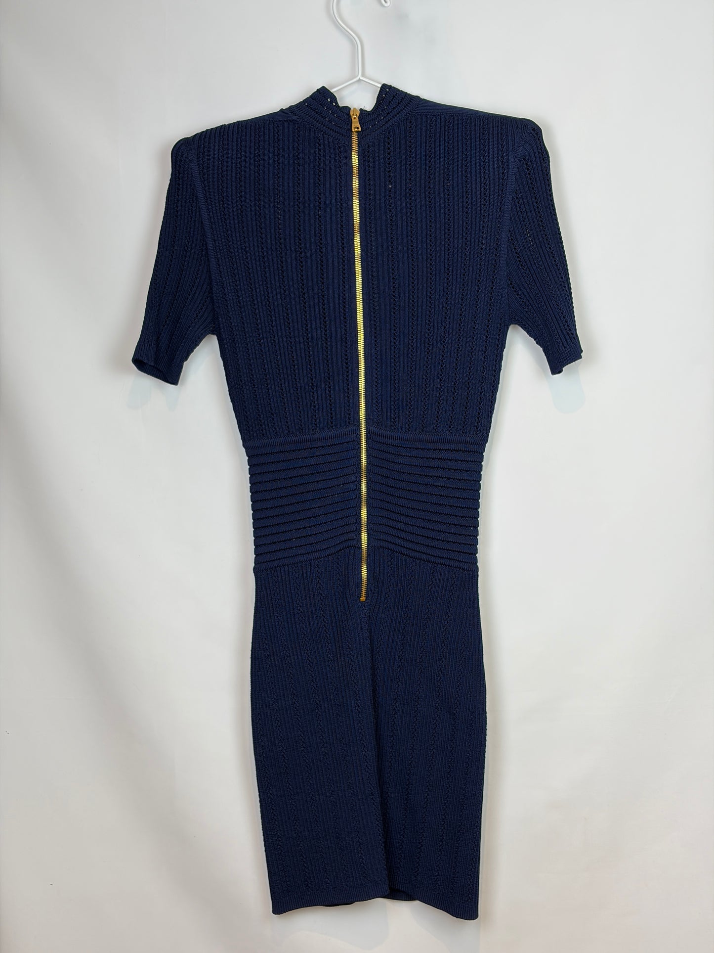 Balmain Navy Blue Ribbed Knit Short Sleeve Dress - 8 UK