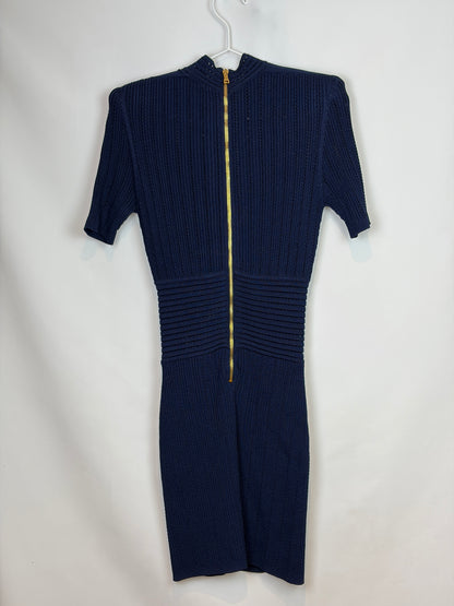 Balmain Navy Blue Ribbed Knit Short Sleeve Dress - 8 UK