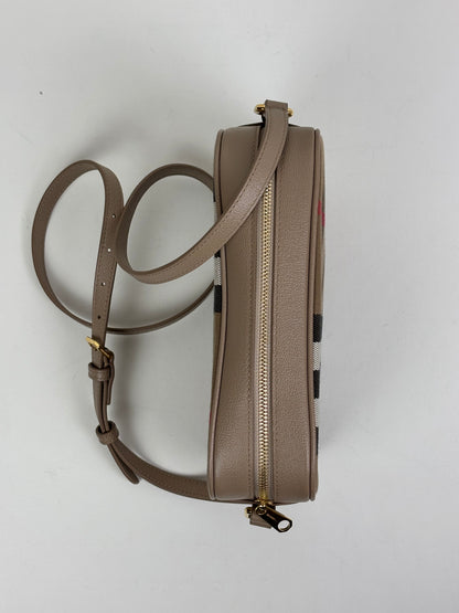 Burberry Check Camera Bag in Chestnut Beige Leather and Canvas