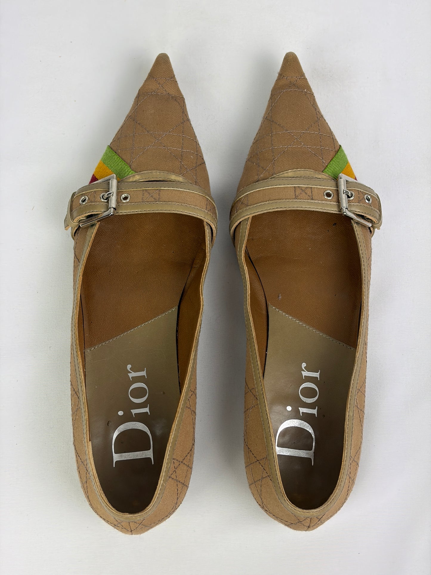 Dior Cannage Beige Pointed Flats with Buckle & Striped Detail - 6 UK