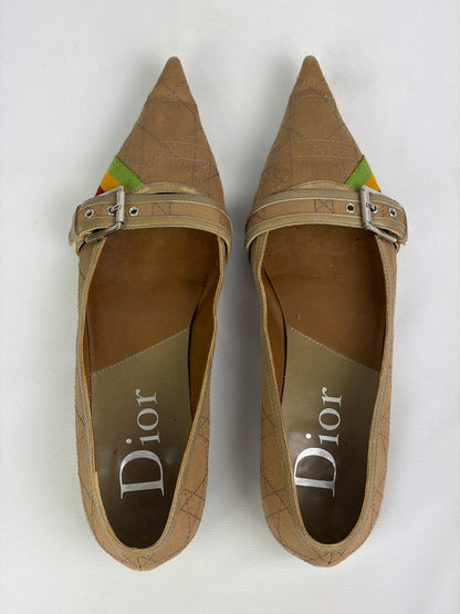 Dior Cannage Beige Pointed Flats with Buckle & Striped Detail - 6 UK