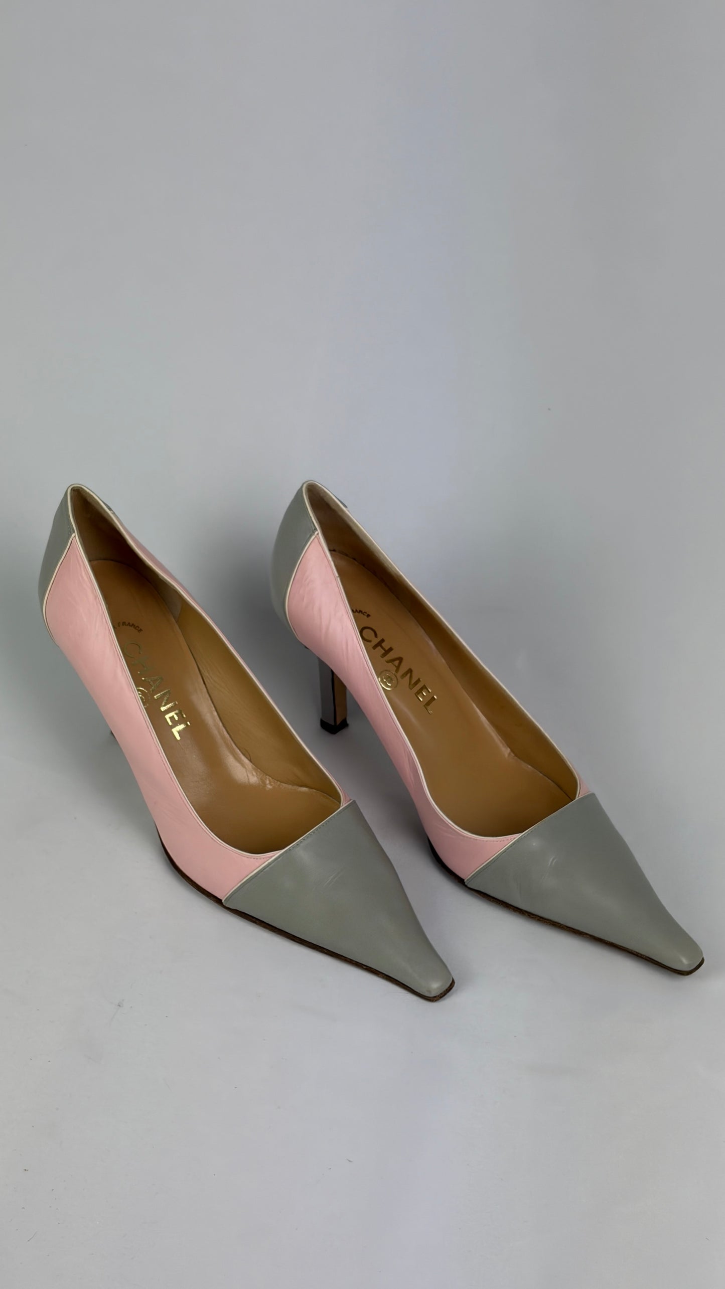 Chanel Pink and Grey Leather Heels - 6 UK