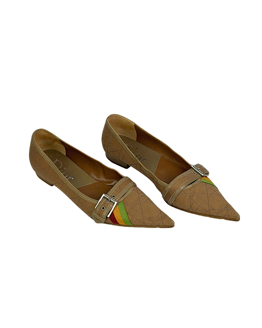 Dior Cannage Beige Pointed Flats with Buckle & Striped Detail - 6 UK
