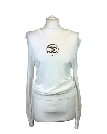 Chanel 19P White Viscose Mesh Sequin CC Jumper - 12 UK