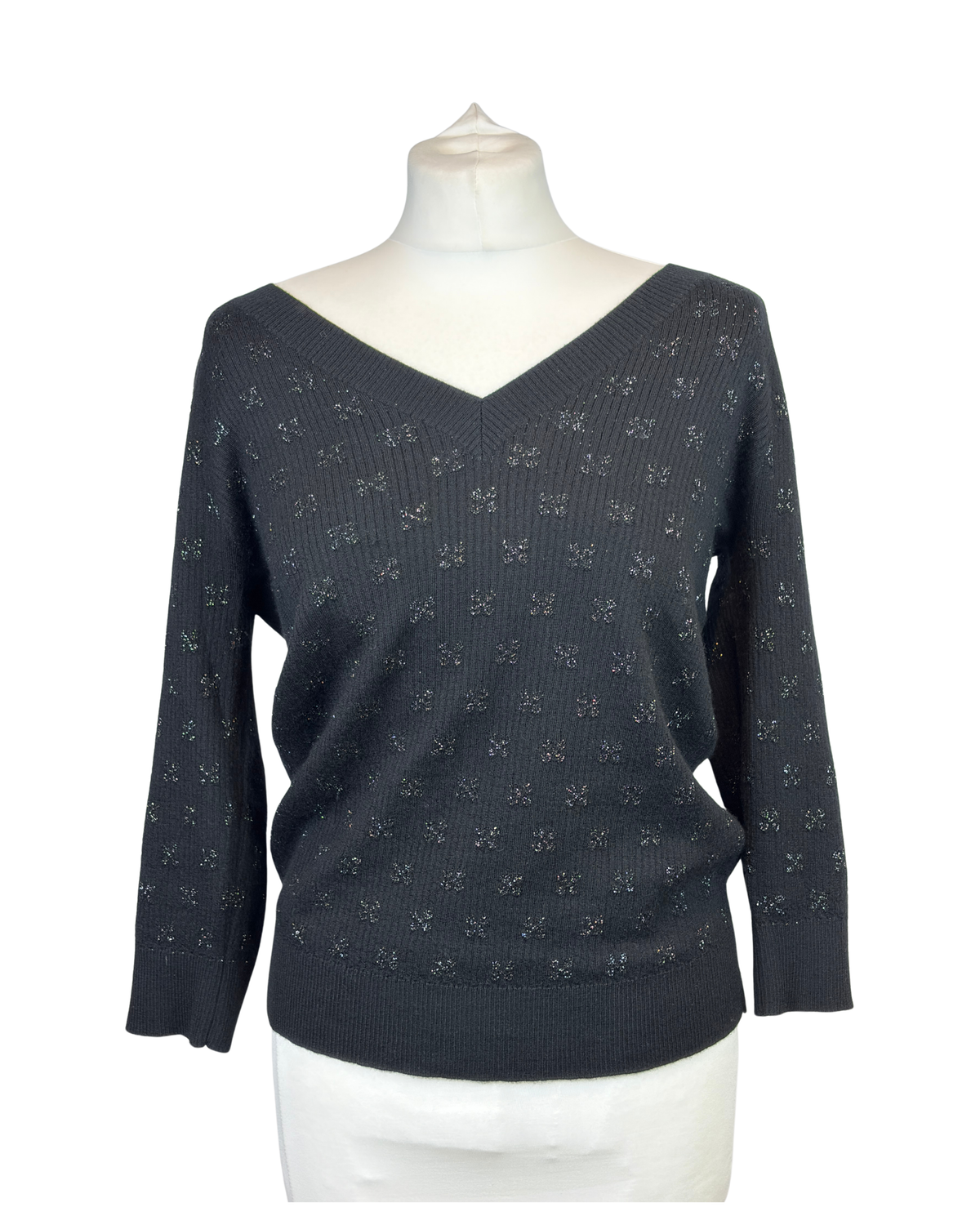 Chanel Black Cashmere Viscose Lurex Zig Zag Knit Top - 12 UK