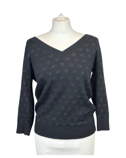 Chanel Black Cashmere Viscose Lurex Zig Zag Knit Top - 12 UK