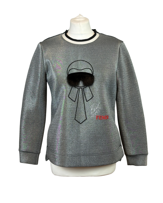 Fendi Karlito Embellished Silver Lurex Jumper - M