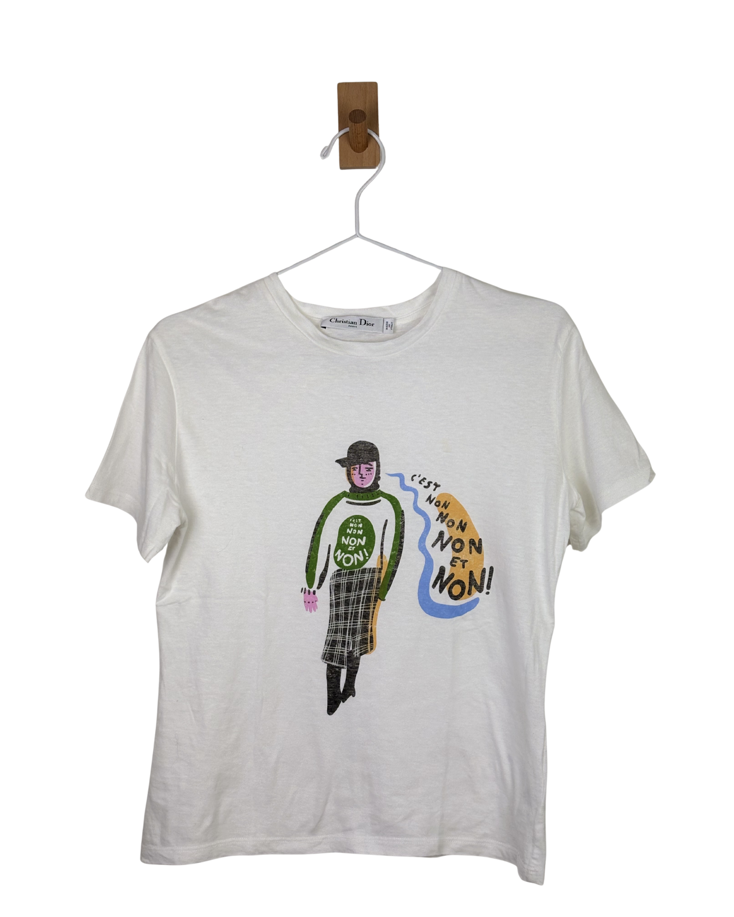 Christian Dior "C'est Non" Illustration Graphic T-Shirt Cotton Linen White - S