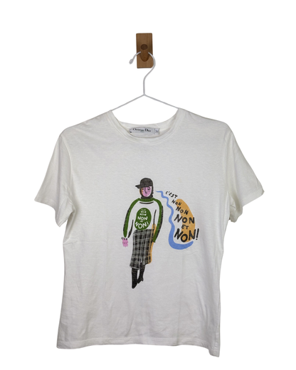 Christian Dior "C'est Non" Illustration Graphic T-Shirt Cotton Linen White - S