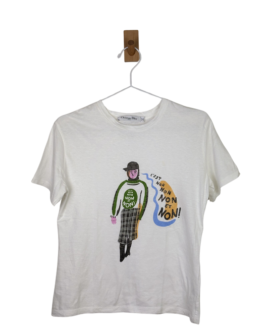 Christian Dior "C'est Non" Illustration Graphic T-Shirt Cotton Linen White - S