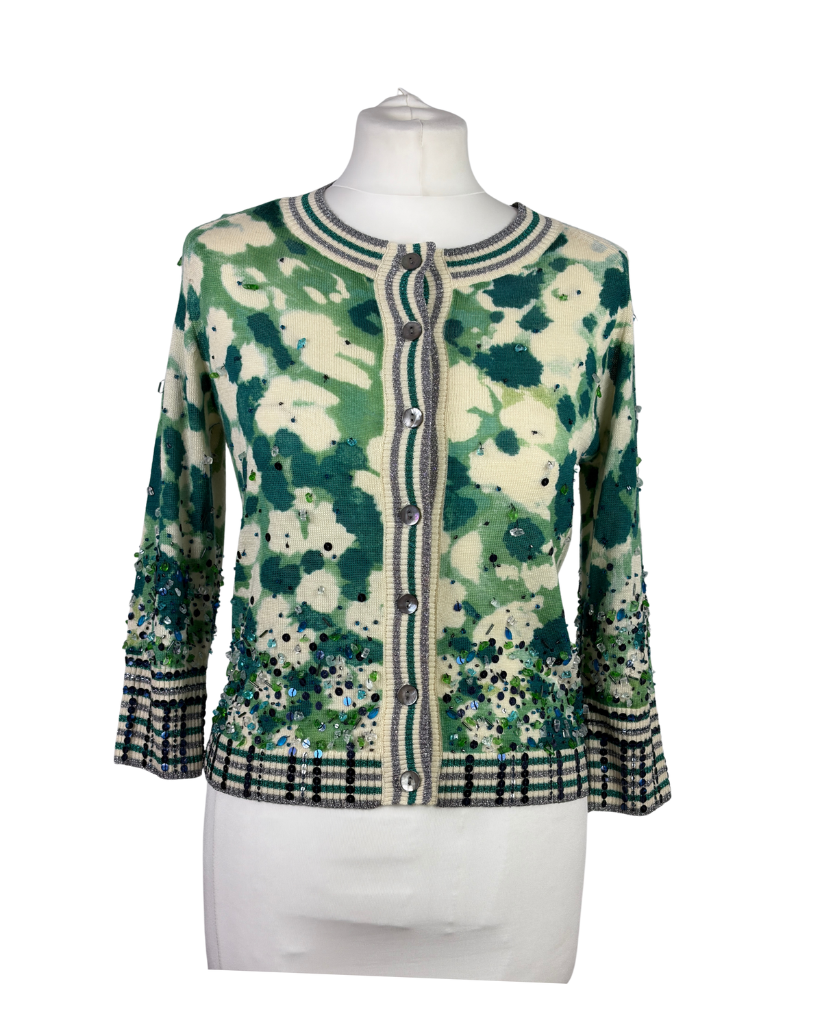 Diane von Furstenberg Floral Embellished Green Cardigan - L