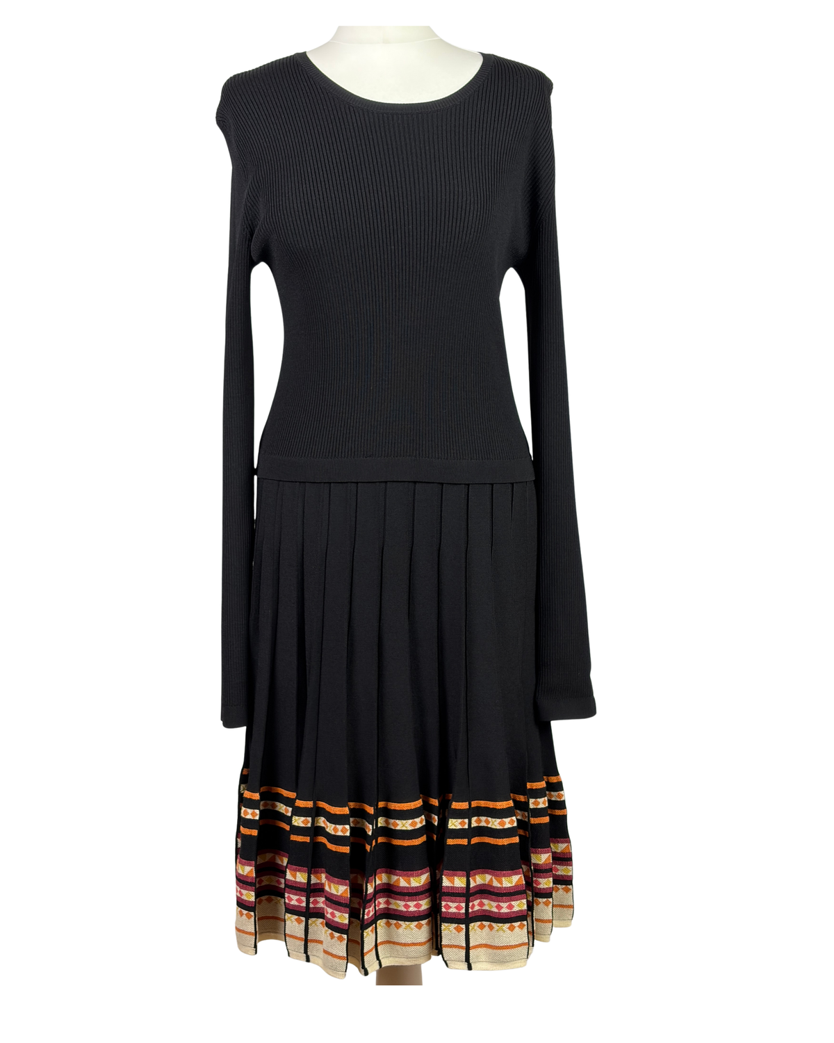 Red Valentino Black Knit Dress with Pleated Patterned Hem - XL