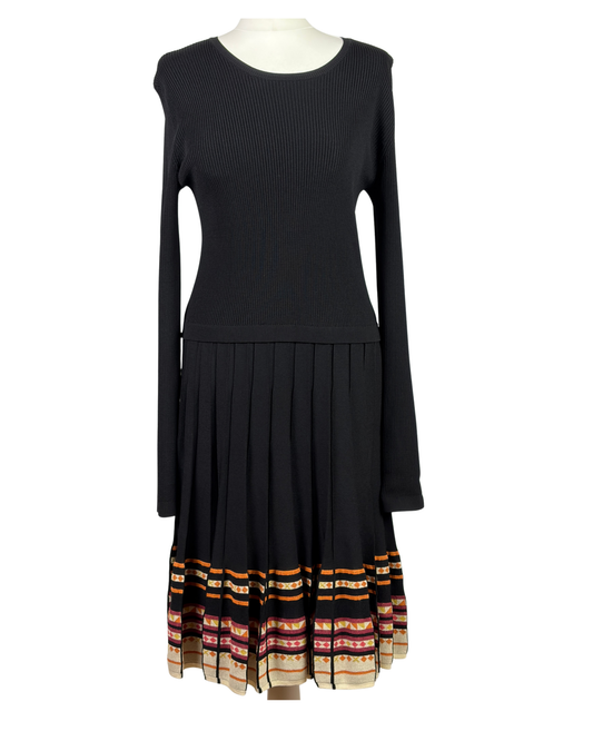 Red Valentino Black Knit Dress with Pleated Patterned Hem - XL