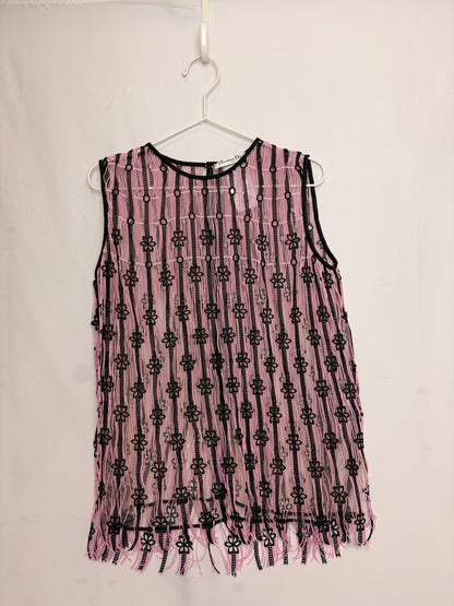 Christian Dior Pink and Black Striped Floral Embroidered Lace Top - UK 12