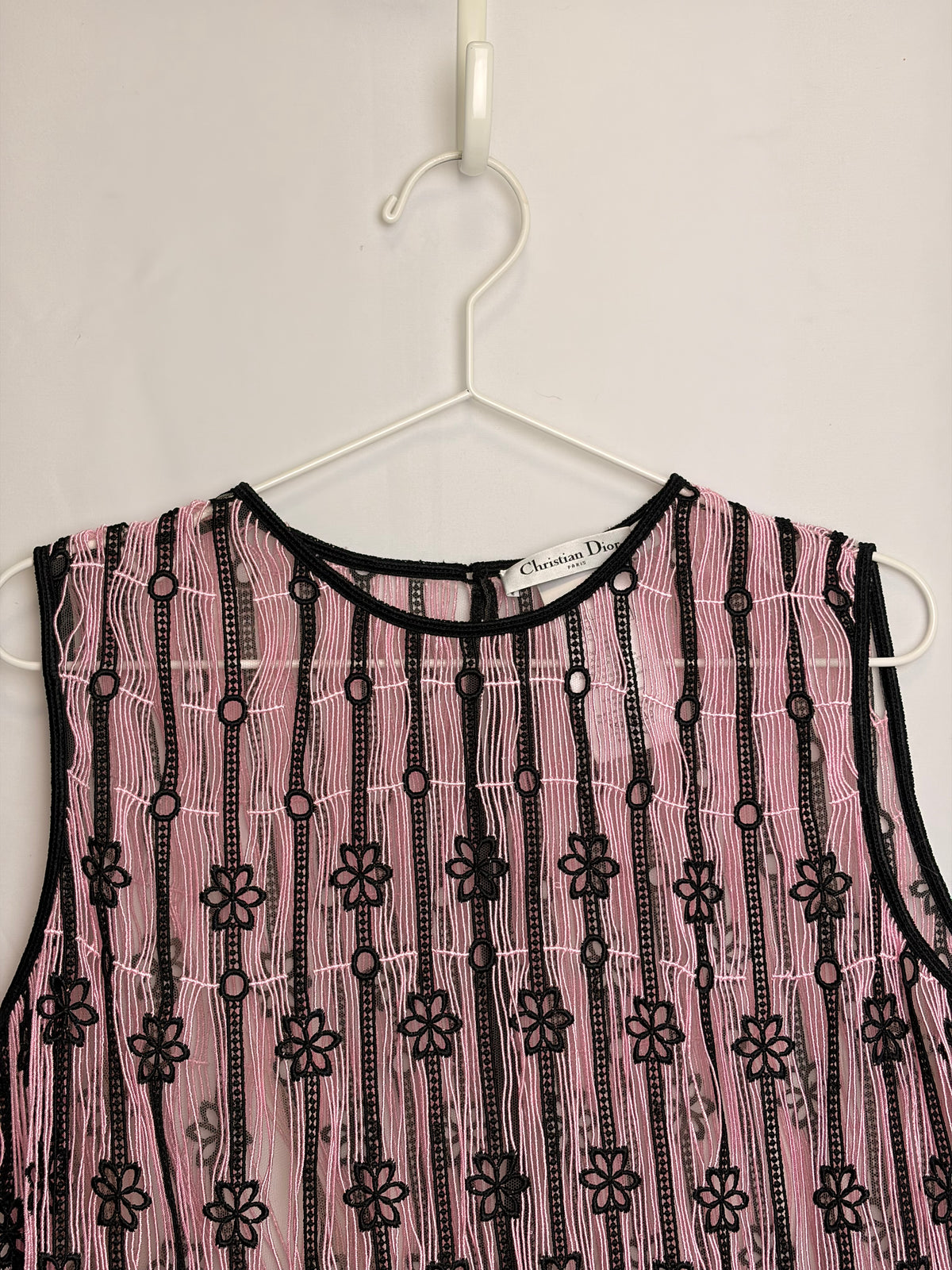 Christian Dior Pink and Black Striped Floral Embroidered Lace Top - UK 12