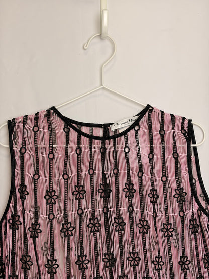 Christian Dior Pink and Black Striped Floral Embroidered Lace Top - UK 12