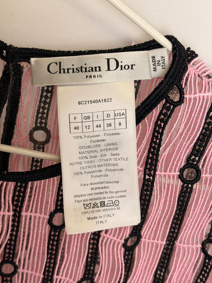 Christian Dior Pink and Black Striped Floral Embroidered Lace Top - UK 12