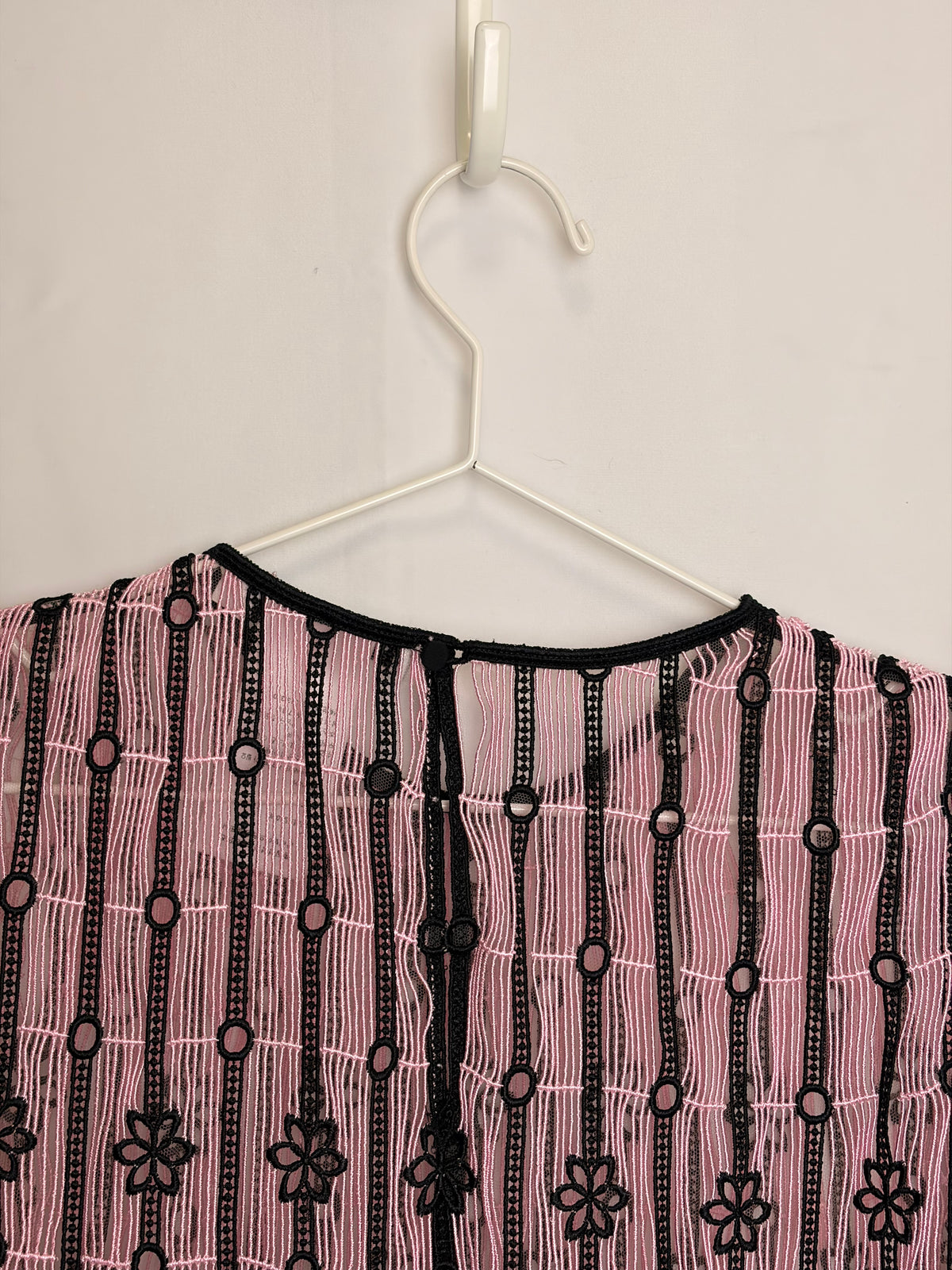 Christian Dior Pink and Black Striped Floral Embroidered Lace Top - UK 12