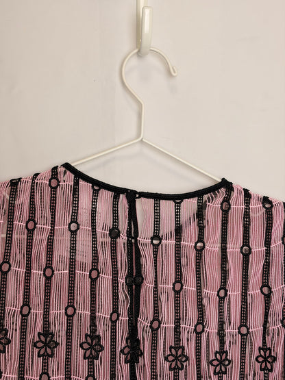Christian Dior Pink and Black Striped Floral Embroidered Lace Top - UK 12