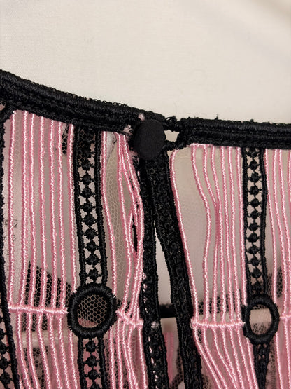Christian Dior Pink and Black Striped Floral Embroidered Lace Top - UK 12
