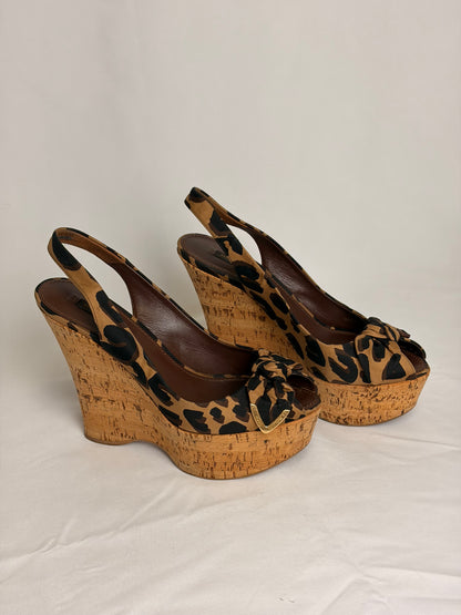 Louis Vuitton Leopard-Print Bow Platform Wedge Slingback Sandals - 5.5 UK