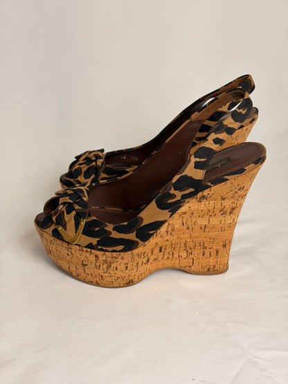 Louis Vuitton Leopard-Print Bow Platform Wedge Slingback Sandals - 5.5 UK