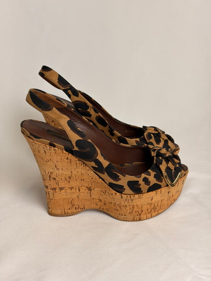 Louis Vuitton Leopard-Print Bow Platform Wedge Slingback Sandals - 5.5 UK