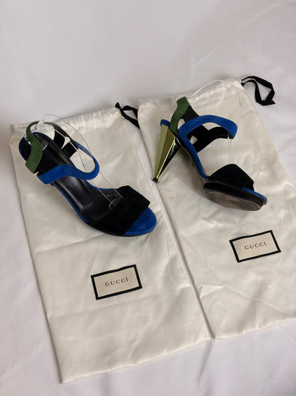 Gucci Eldan Kidskin Suede Cone-Heel Sandals - 5 UK