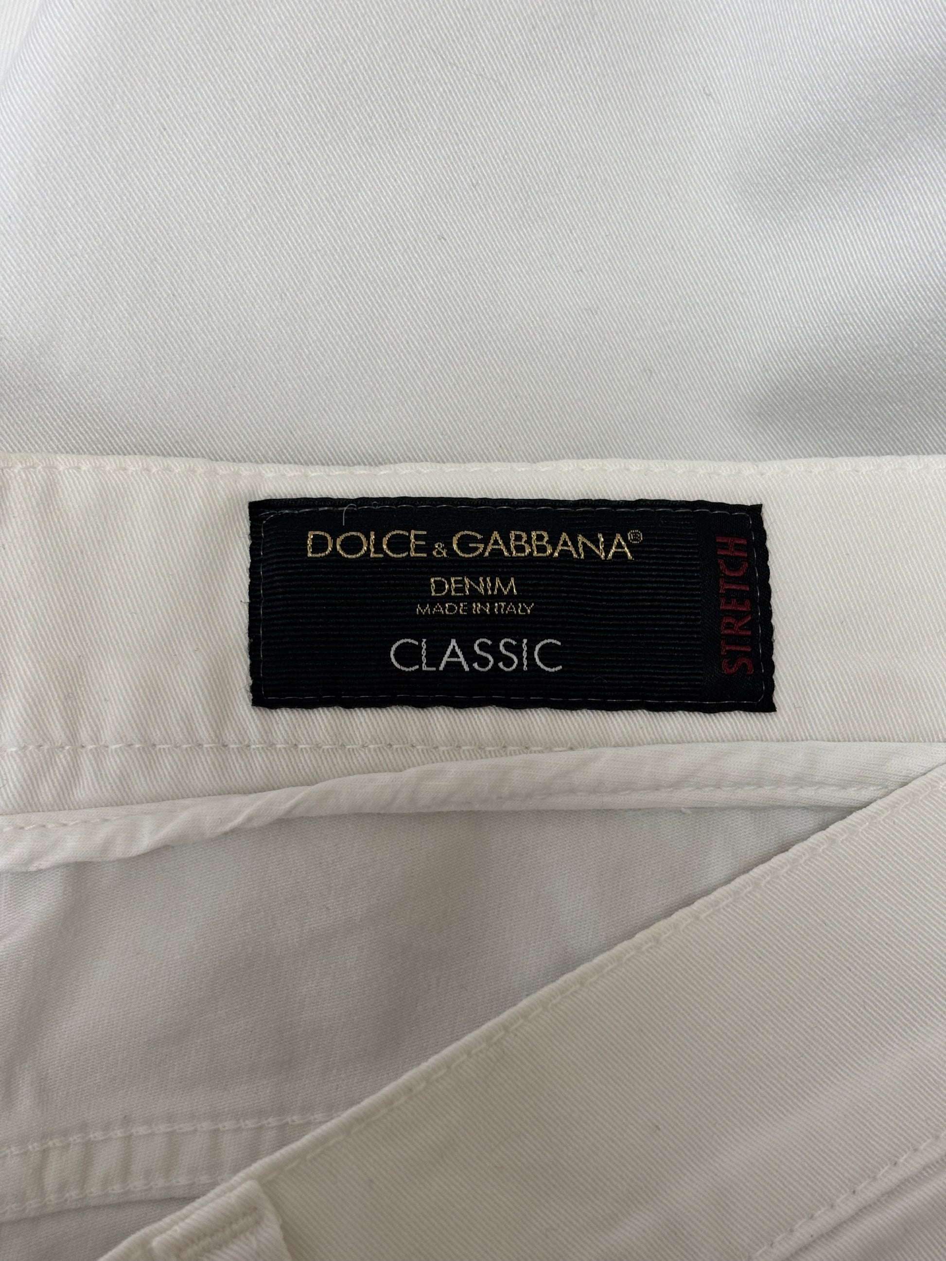 Dolce & Gabbana denim label on a white fabric background